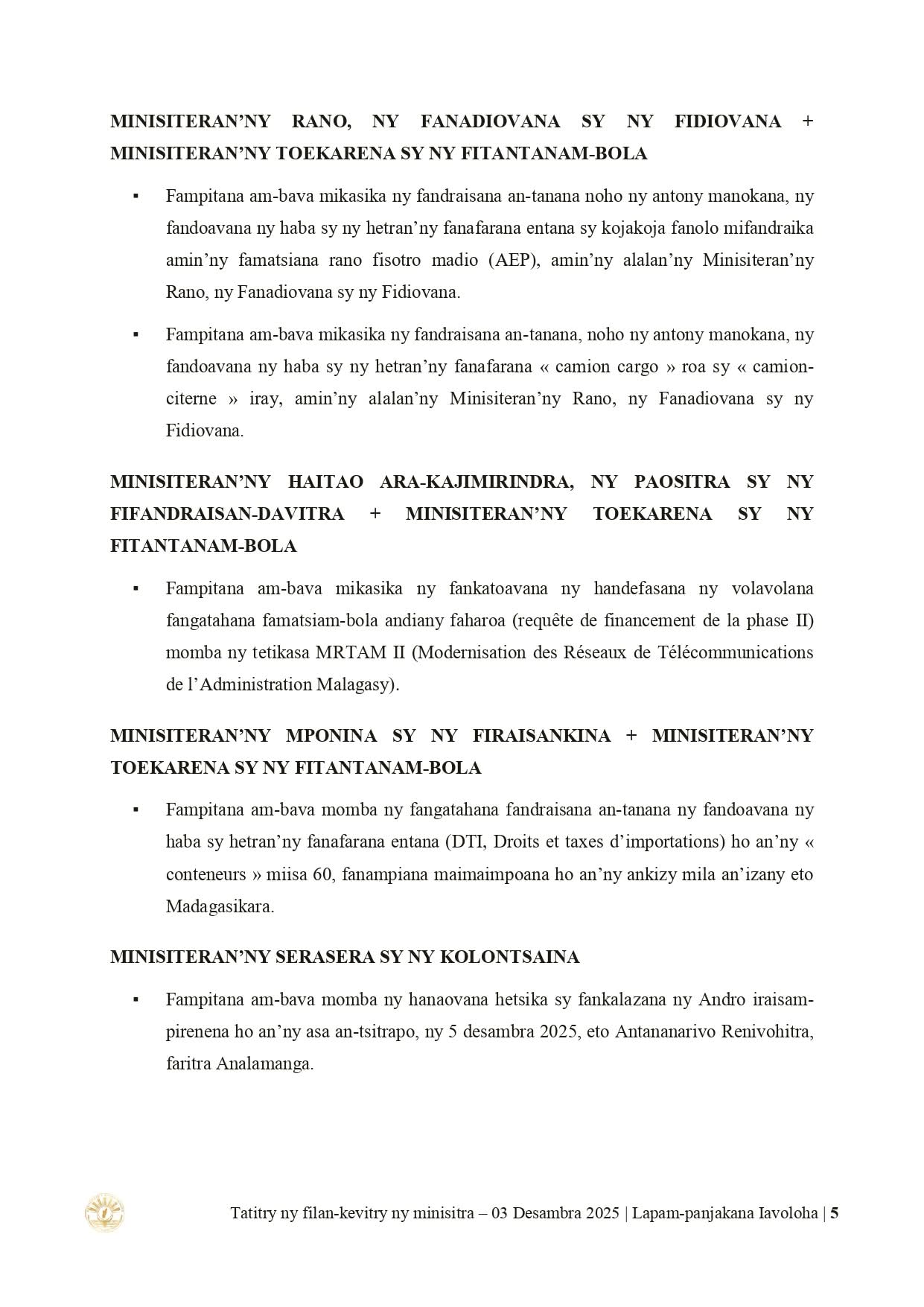 Page du Conseil : CONSEIL DES MINISTRES DU 𝟎𝟑 𝐃𝐄𝐒𝐀𝐌𝐁𝐑𝐀 𝟐𝟎𝟐𝟓