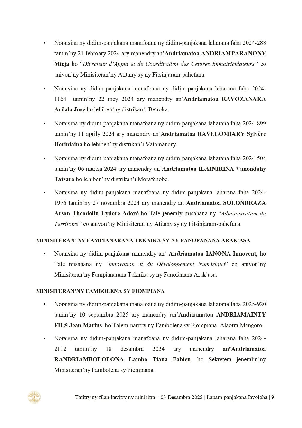 Page du Conseil : CONSEIL DES MINISTRES DU 𝟎𝟑 𝐃𝐄𝐒𝐀𝐌𝐁𝐑𝐀 𝟐𝟎𝟐𝟓