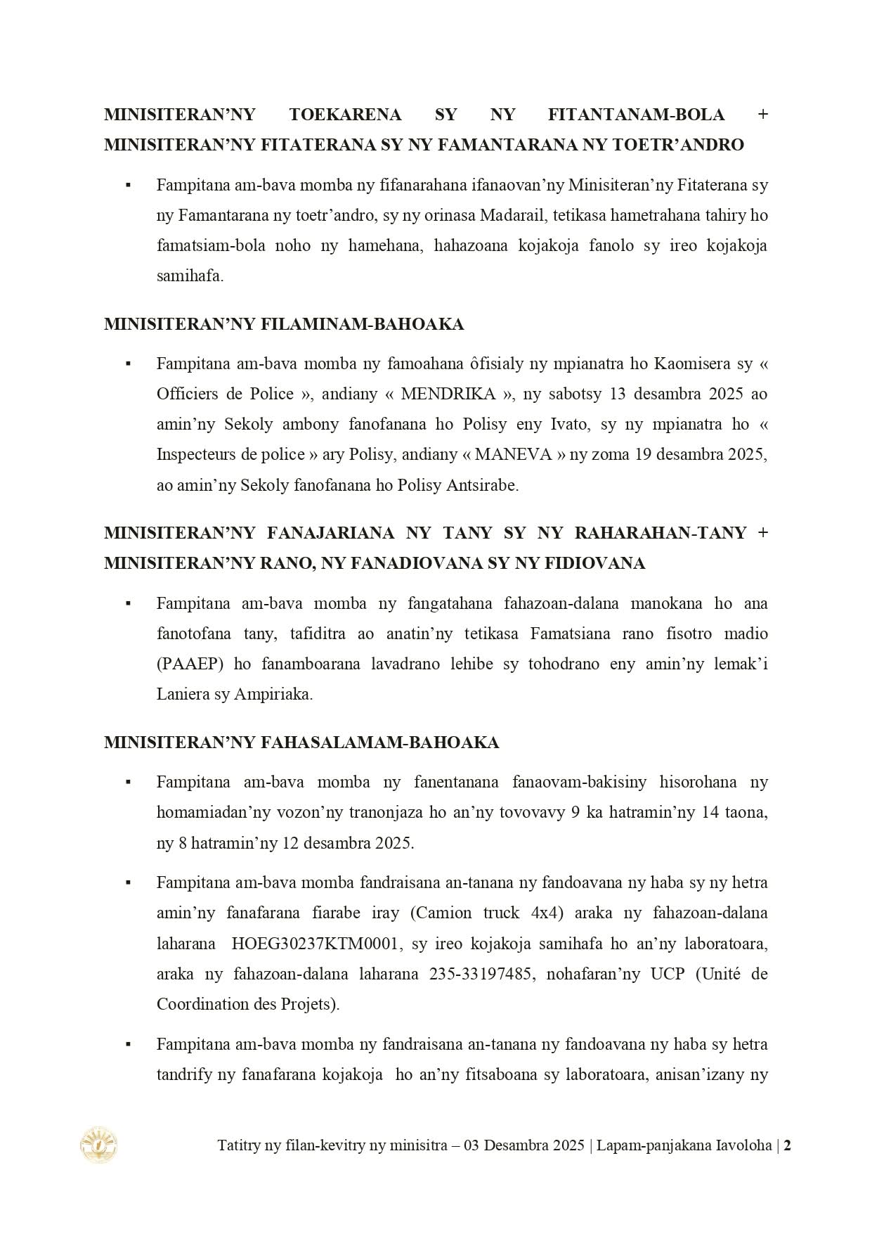 Page du Conseil : CONSEIL DES MINISTRES DU 𝟎𝟑 𝐃𝐄𝐒𝐀𝐌𝐁𝐑𝐀 𝟐𝟎𝟐𝟓