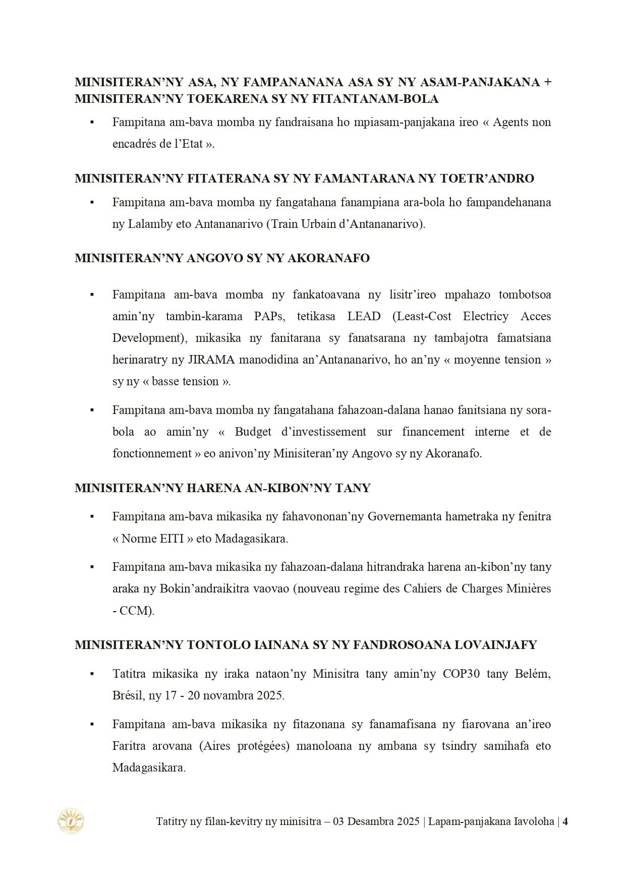 Page du Conseil : CONSEIL DES MINISTRES DU 𝟎𝟑 𝐃𝐄𝐒𝐀𝐌𝐁𝐑𝐀 𝟐𝟎𝟐𝟓