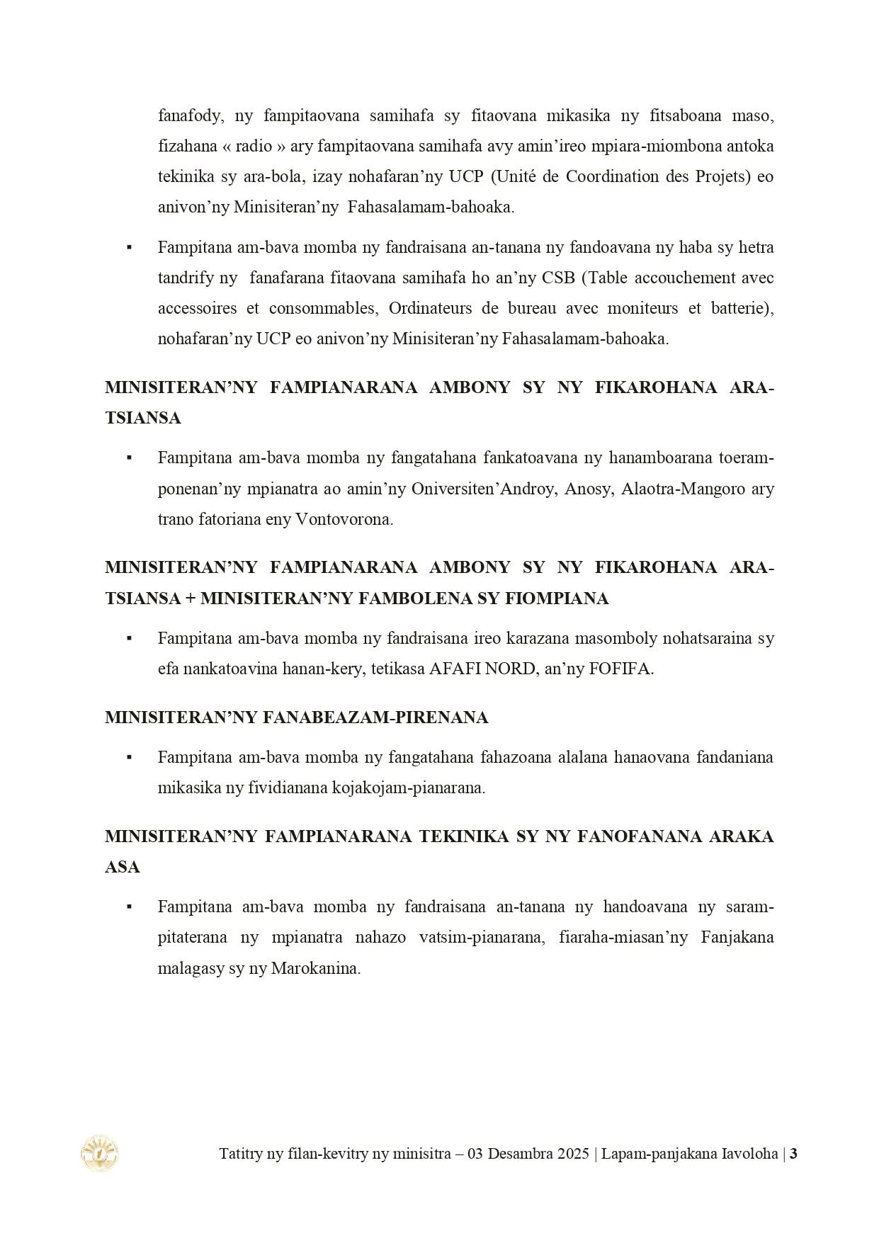 Page du Conseil : CONSEIL DES MINISTRES DU 𝟎𝟑 𝐃𝐄𝐒𝐀𝐌𝐁𝐑𝐀 𝟐𝟎𝟐𝟓