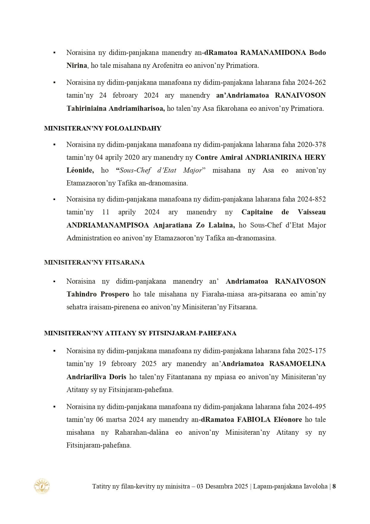 Page du Conseil : CONSEIL DES MINISTRES DU 𝟎𝟑 𝐃𝐄𝐒𝐀𝐌𝐁𝐑𝐀 𝟐𝟎𝟐𝟓