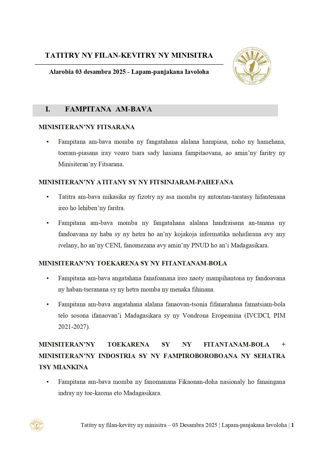 Page du Conseil : CONSEIL DES MINISTRES DU 𝟎𝟑 𝐃𝐄𝐒𝐀𝐌𝐁𝐑𝐀 𝟐𝟎𝟐𝟓