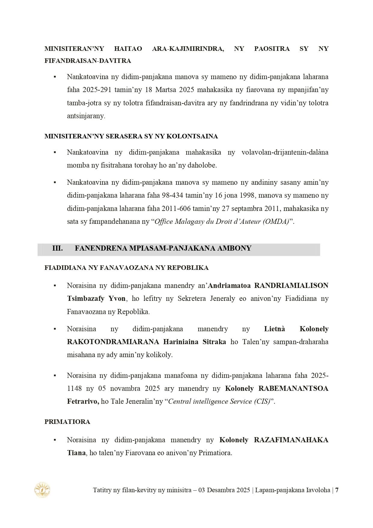 Page du Conseil : CONSEIL DES MINISTRES DU 𝟎𝟑 𝐃𝐄𝐒𝐀𝐌𝐁𝐑𝐀 𝟐𝟎𝟐𝟓